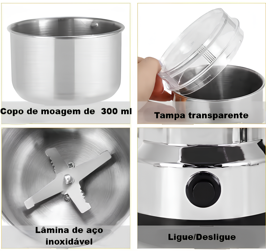 Mini Moedor de Grãos  Elétrico em Aço Inoxidável